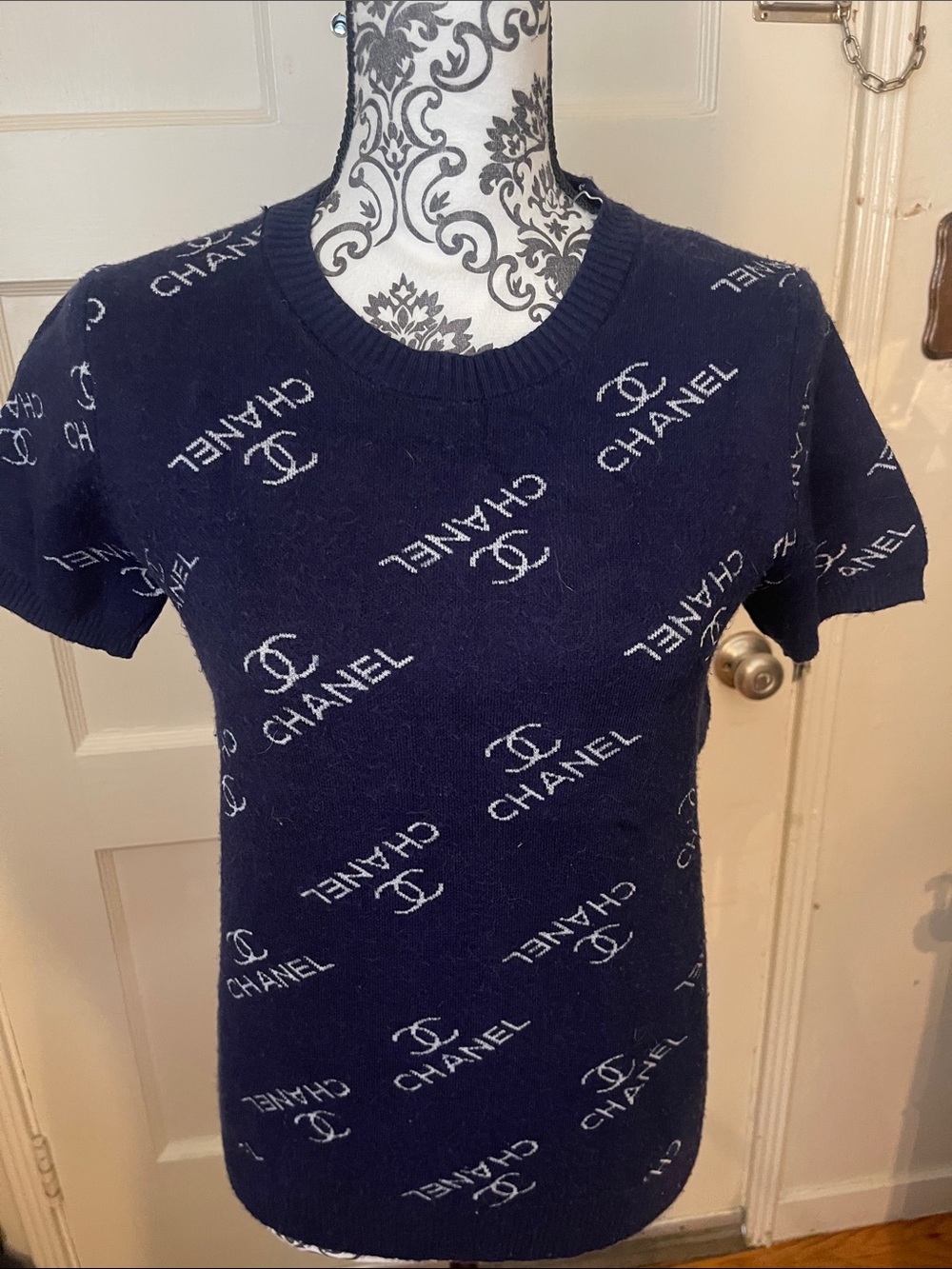 CHANEL Navy and White Logo Knit Top